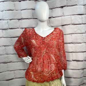 St John’s Bay Sheer Blouse SZ PXL Red Paisley Floral Boho V Neck Button Pleats